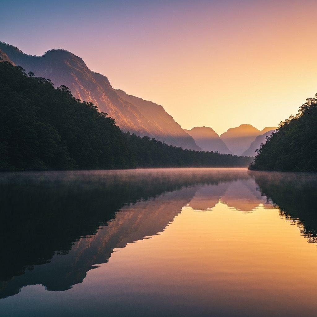 Scenic natural landscape at sunrise showing calm water reflection and mountains creating peaceful atmosphere