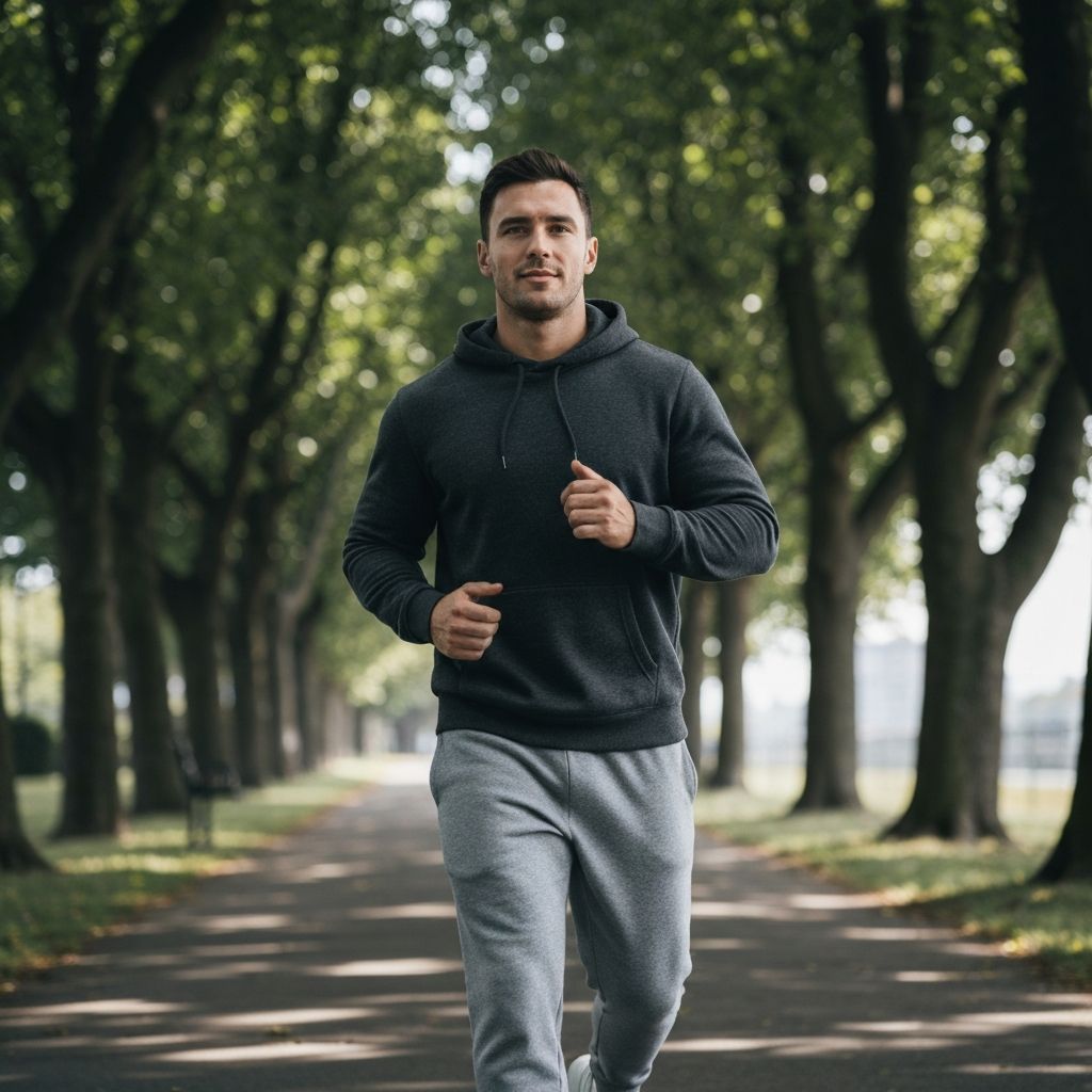 Man engaged in physical activity jogging in clean outdoor environment with natural lighting