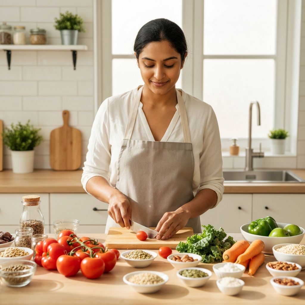 Nutritional preparation scene with fresh colorful vegetables being prepared in a clean kitchen