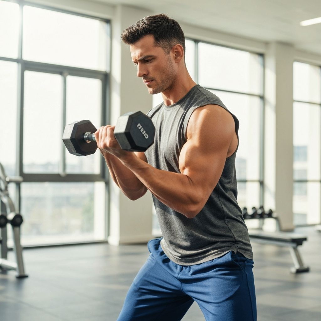Man performing a strength training exercise with proper form in a clean gym environment